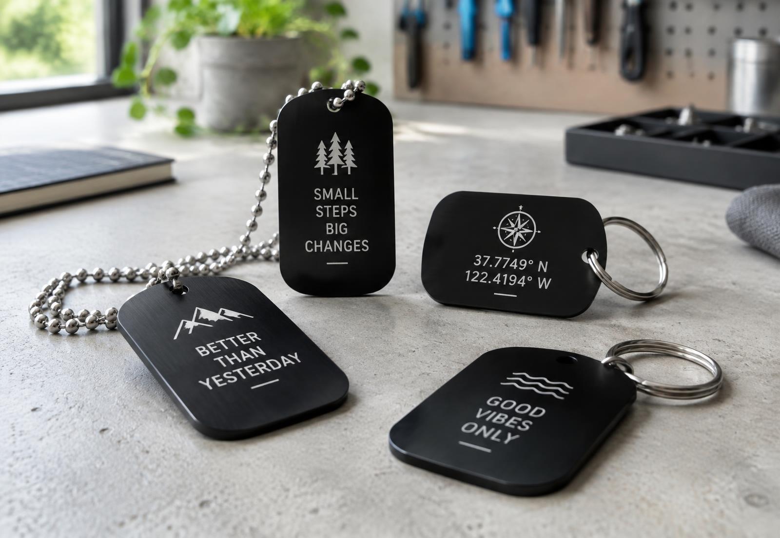 Black anodized dog tags engraved with silver text and icons on a workbench
